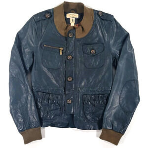 John Varvatos X Converse Leather Bomber Jacket Dark Green/Blue Womens S VTG Y2K